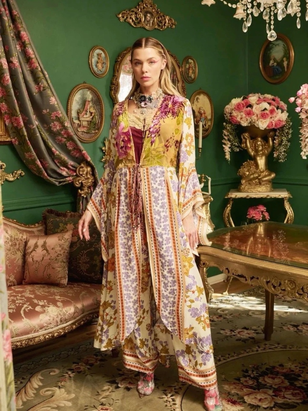 Aratta Golden Aurelia Bohemian Autumn Fairy Goddess Floral Kimono, NWT - Picture 2 of 7